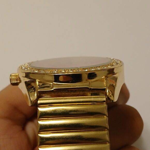 Jessica Carlyle Gold Tone Stretch Band Pink Face Rhinestone Bezel Quartz Watch - Picture 15 of 15